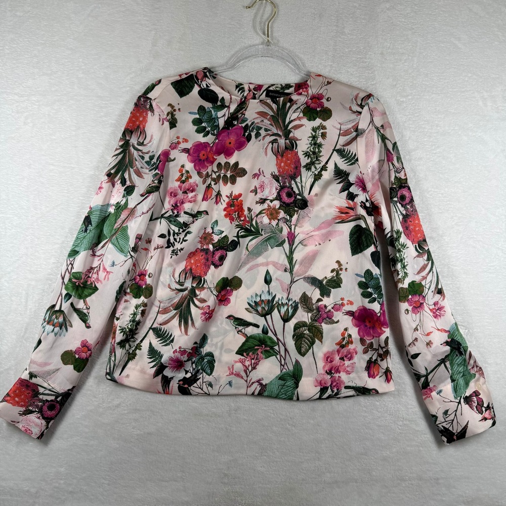 Banana Republic XS‎ Pink Floral Bird Print Long Sleeve Blouse NWT 268329-00-1